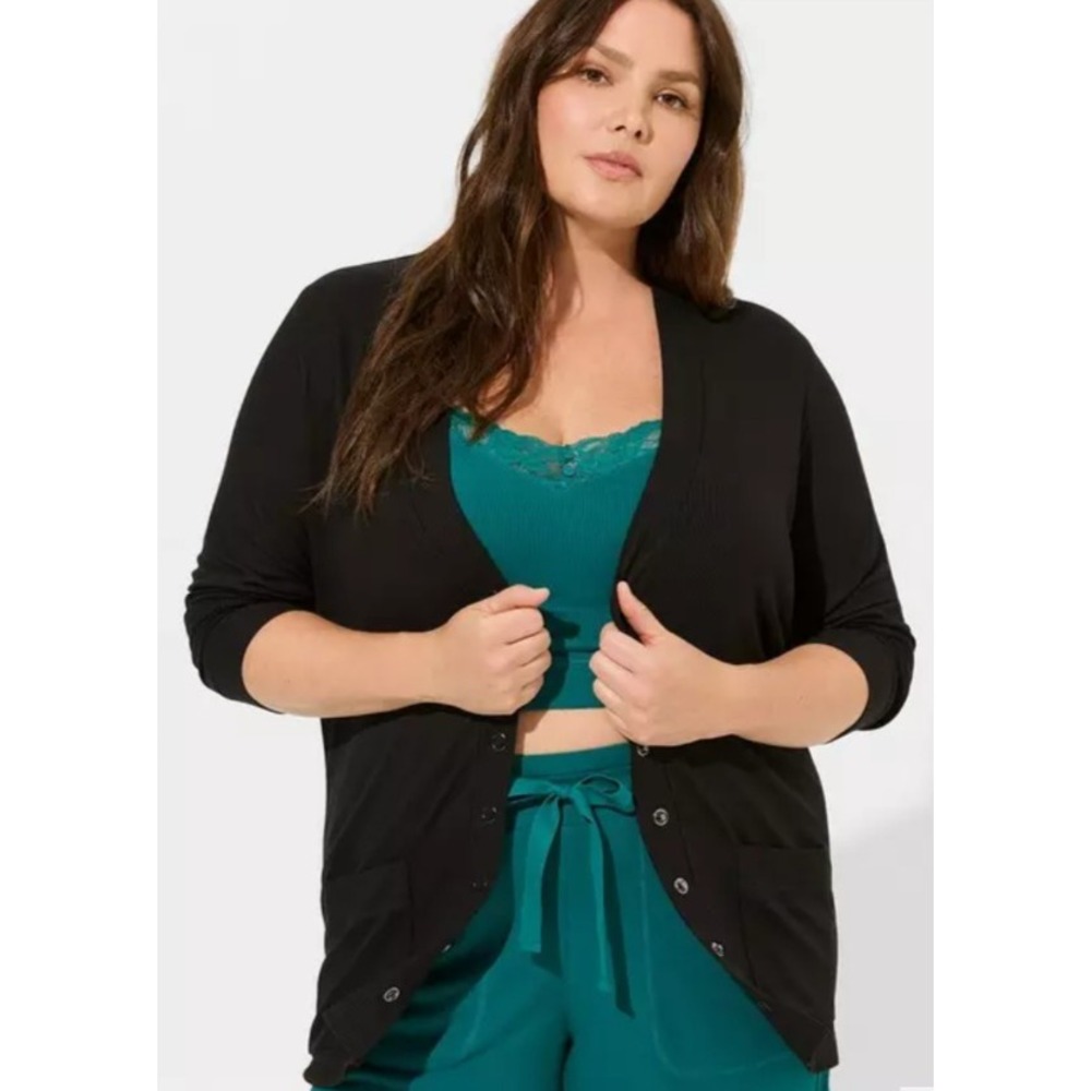 Torrid Super Soft Rib‎ Snap Front Lounge Cardigan Black 00/M Minimalist Comfy